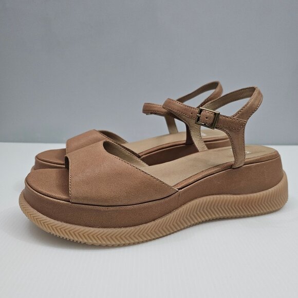 Eileen Fisher Airo Wedge Sandal Womens 9.5 Tan Leather Platform Ankle Strap NEW - Picture 14 of 14